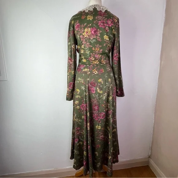 Laura Ashley Vintage Green Floral Long Sleeve Lace Collar Maxi Dress UK 10-12 - Picture 7 of 14